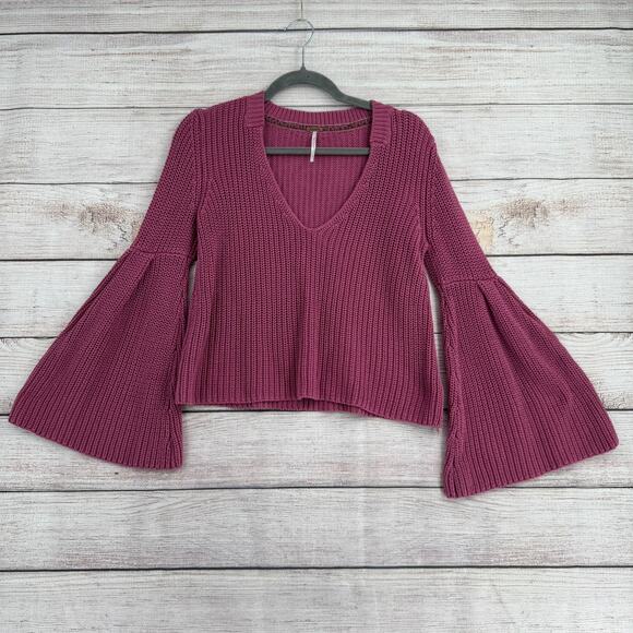 Free People Crop Scoop Neck Sweater Womens Small Pink Lavender Flare Wrist - Picture 1 of 13